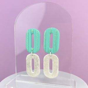 Double Oval Design Green White Sparkle Handmade Polymer Clay Dangle Earr…